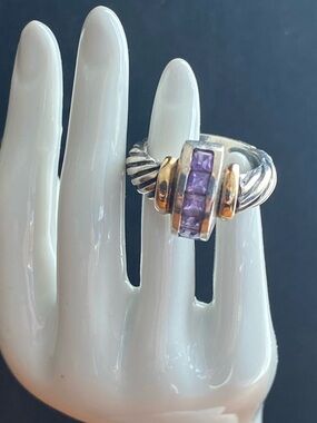 Vintage Designer MCO signed Cable Ring w/ Amethyst baguettes G18kt & 925; SIZE 6